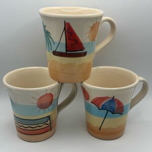 Pier 1 HandPainted Italian Beach Coffee Mug Set Sailboat Umbrella Palm Italy